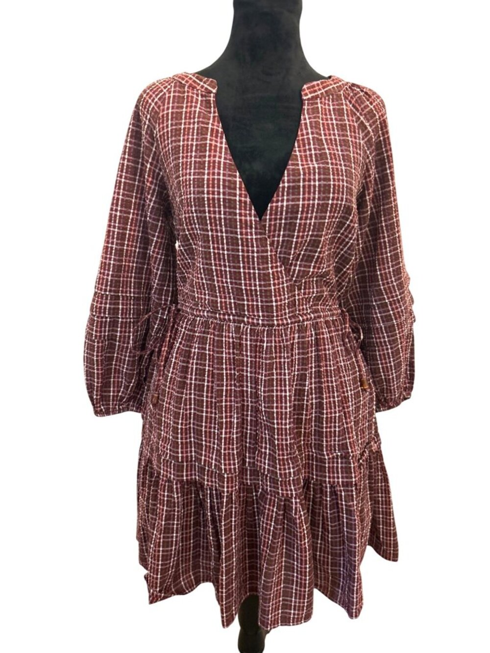 Madewell Seersucker Wrap Mini Dress Women's XXS Red Plaid V-Neck Long Sleeve